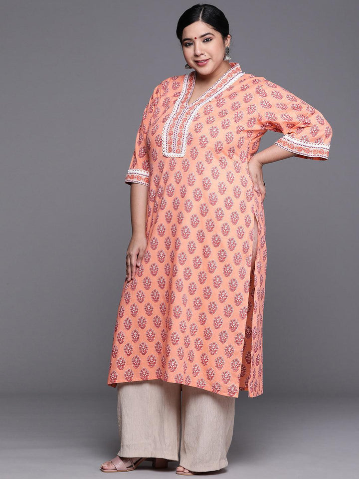 Plus Size Peach Printed Cotton Kurta