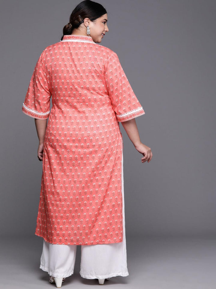 Plus Size Peach Printed Cotton Kurta