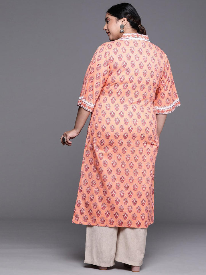 Plus Size Peach Printed Cotton Kurta