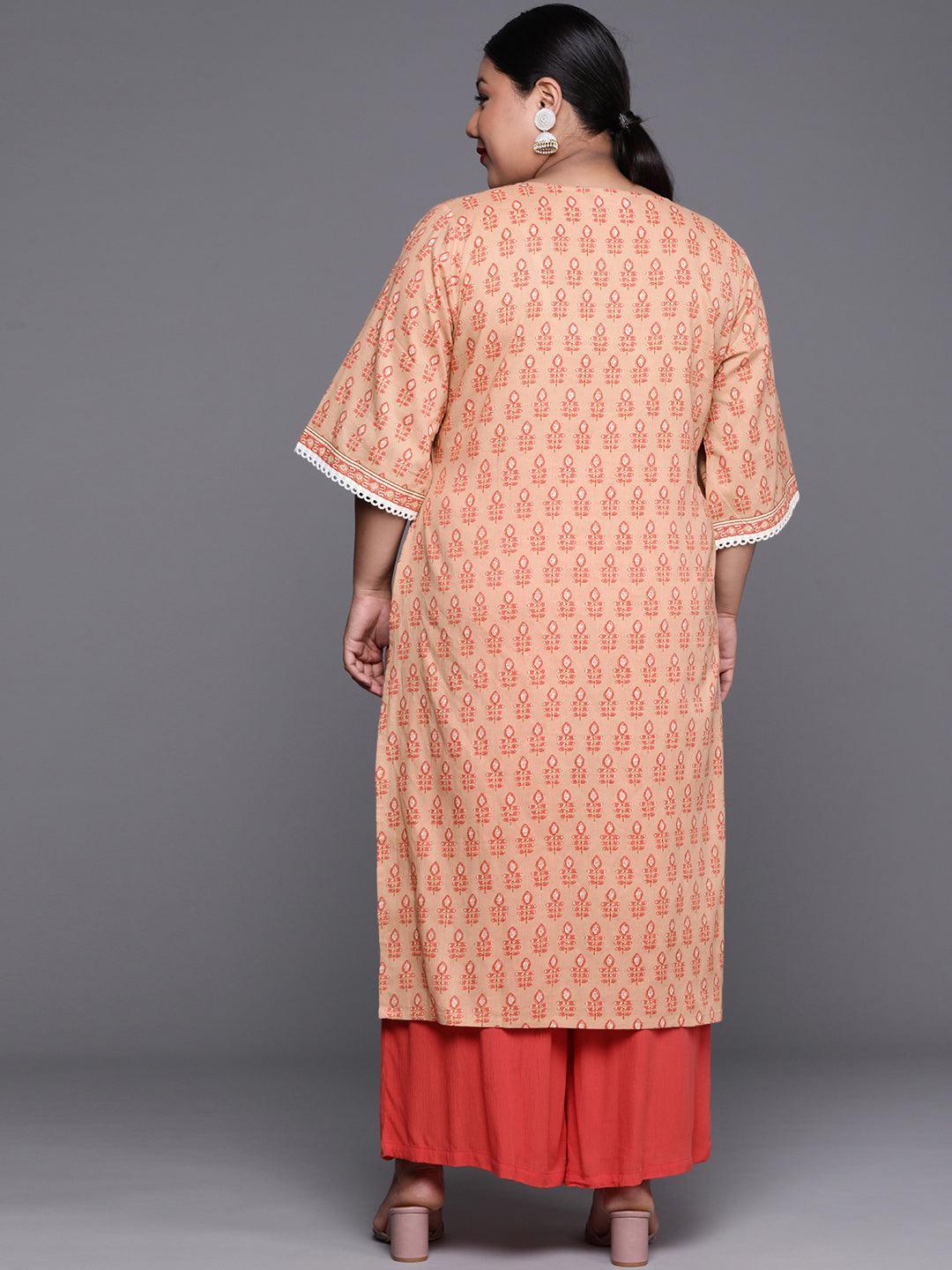 Plus Size Peach Printed Cotton Kurta - ShopLibas