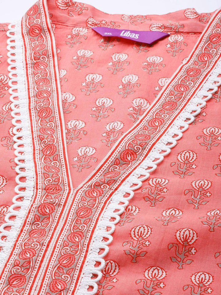 Plus Size Peach Printed Cotton Kurta