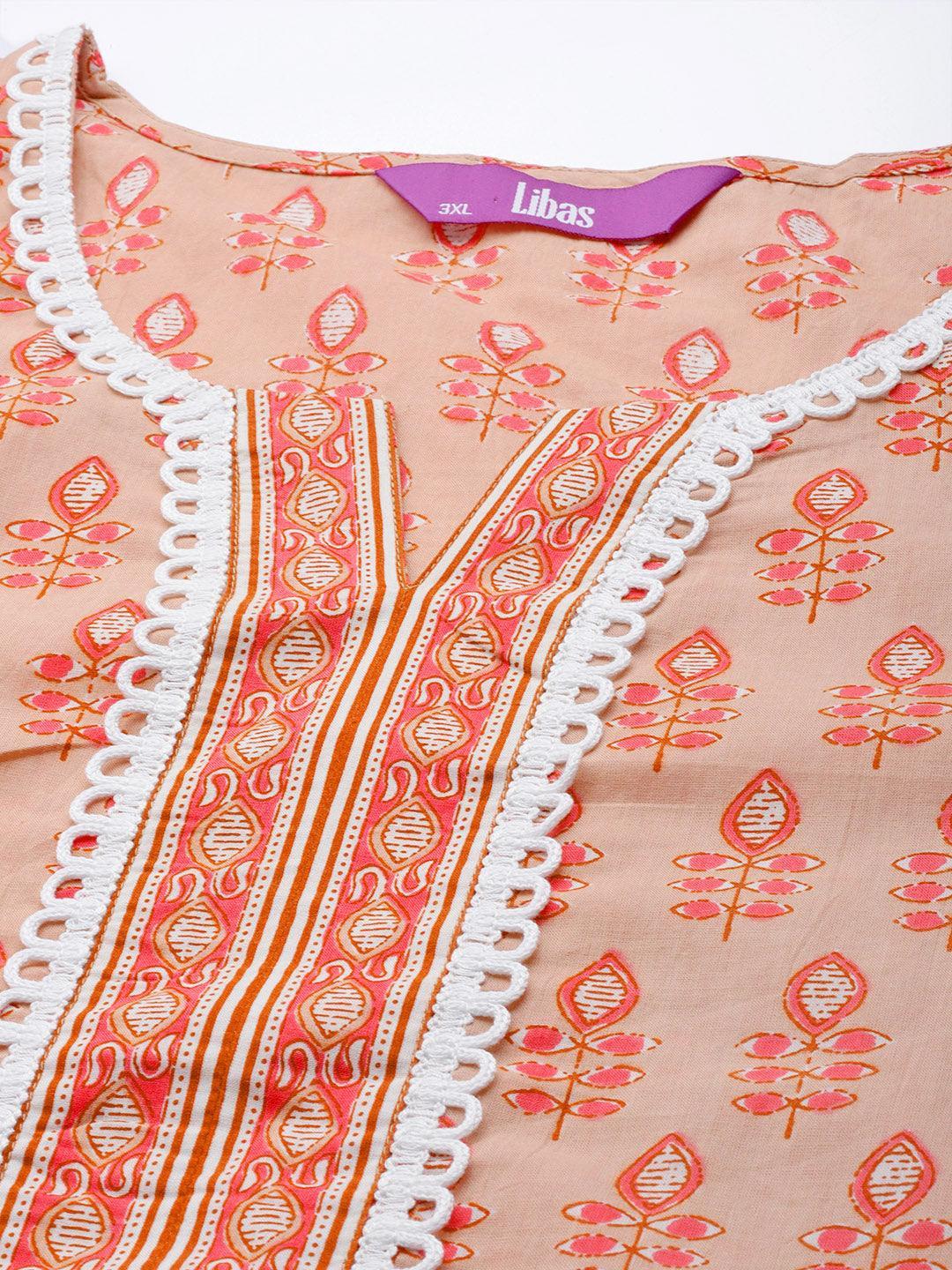 Plus Size Peach Printed Cotton Kurta - ShopLibas