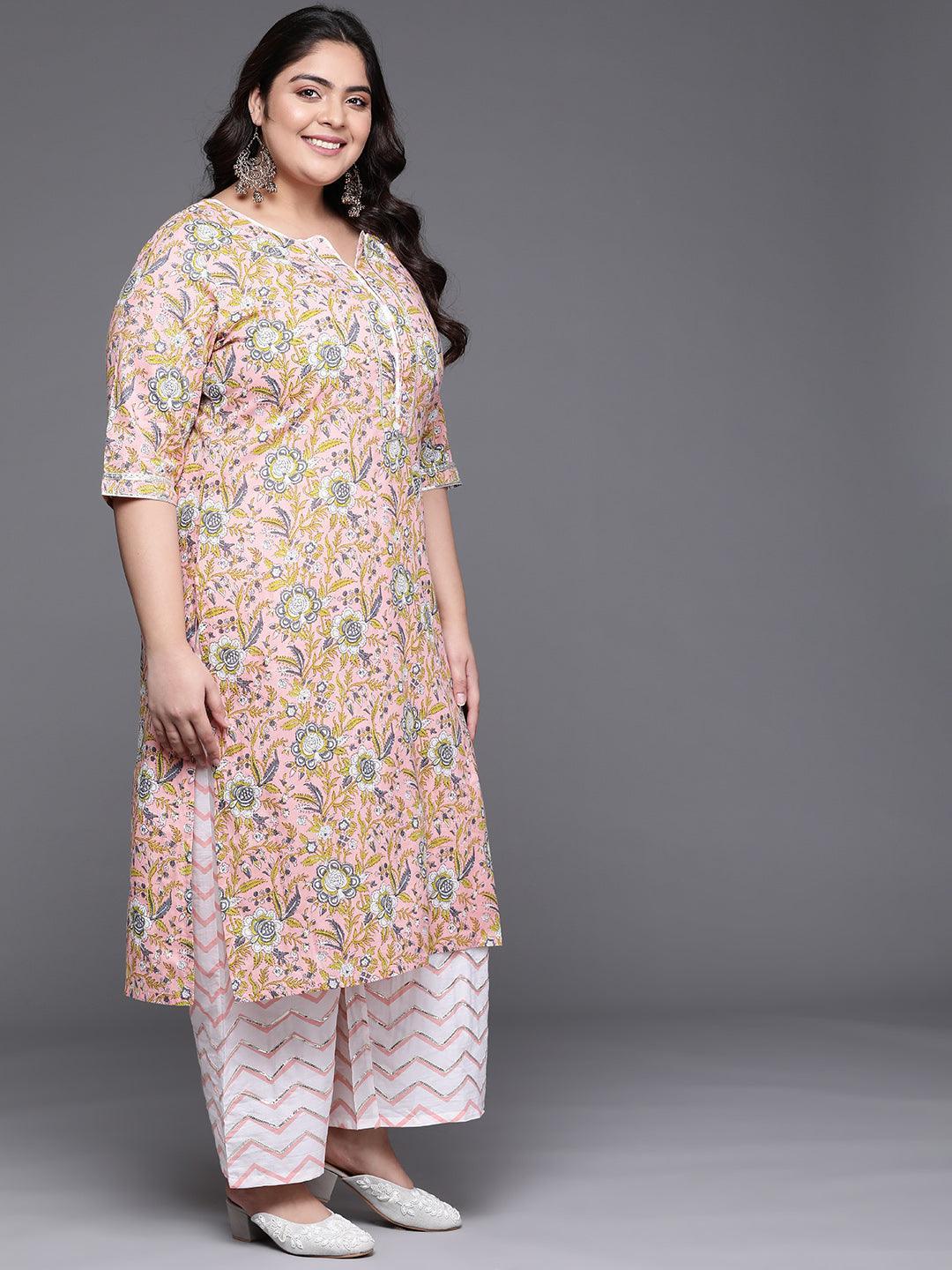 Plus Size Peach Printed Cotton Suit Set - ShopLibas