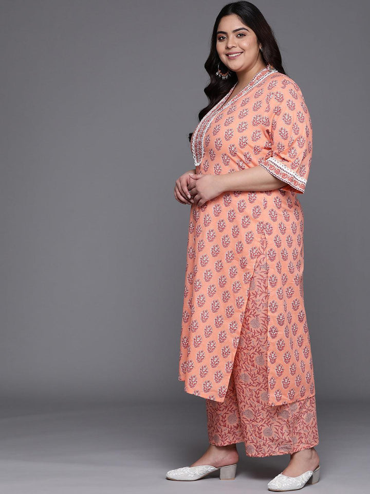 Plus Size Peach Printed Cotton Straight Kurta With Palazzos & Dupatta