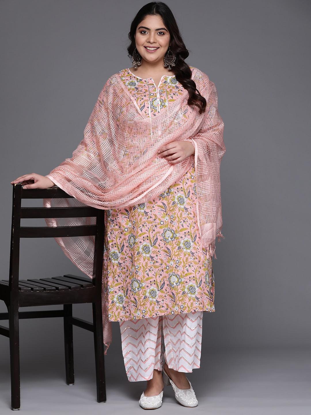 Plus Size Peach Printed Cotton Suit Set - ShopLibas