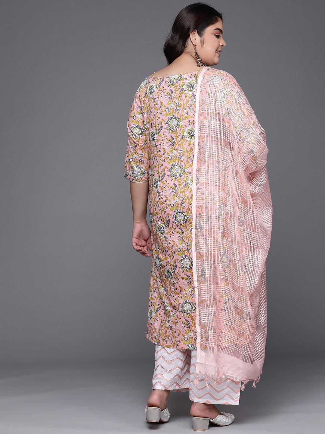 Plus Size Peach Printed Cotton Suit Set - ShopLibas