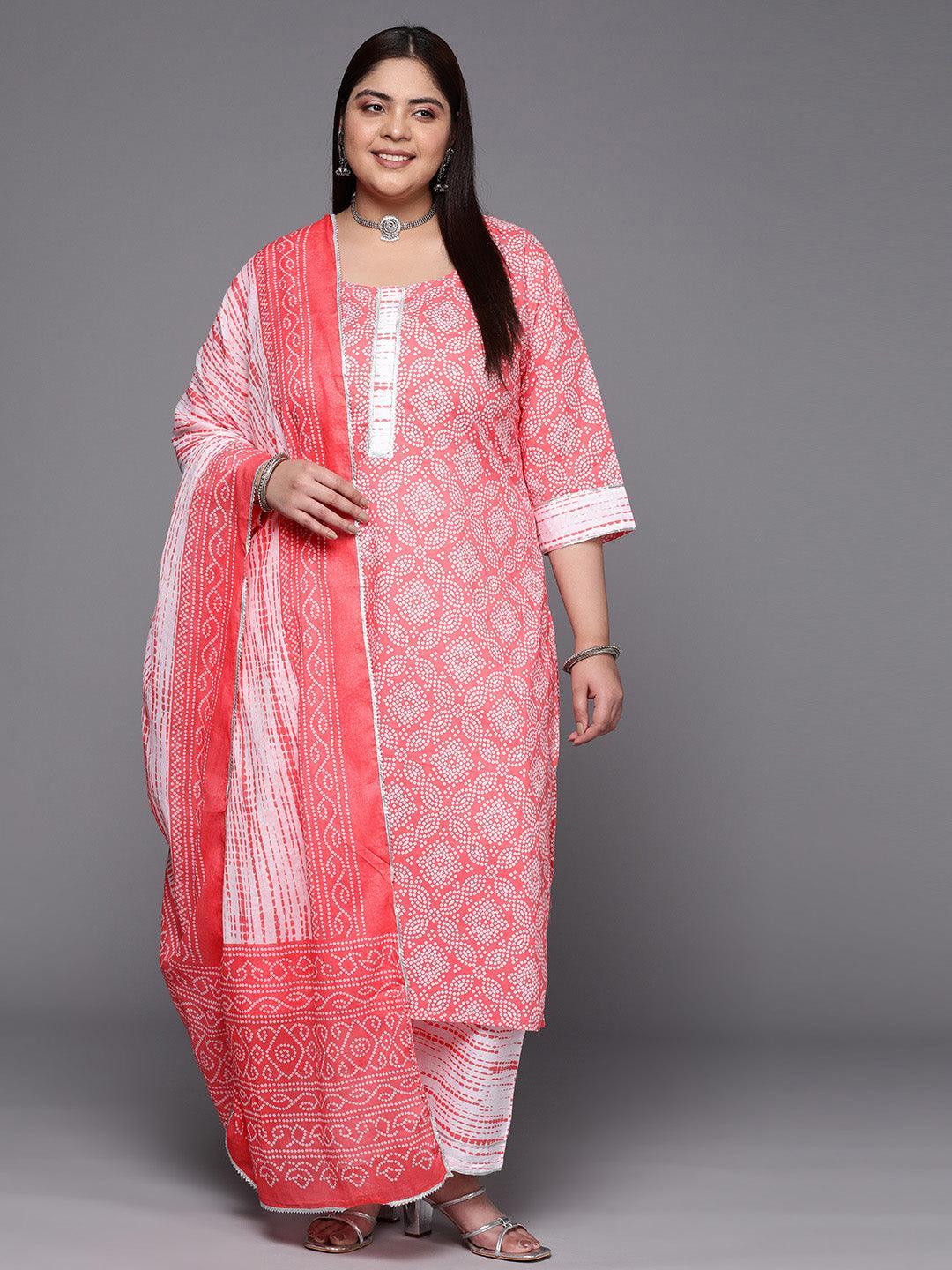 Plus Size Peach Printed Cotton Straight Kurta With Palazzos & Dupatta