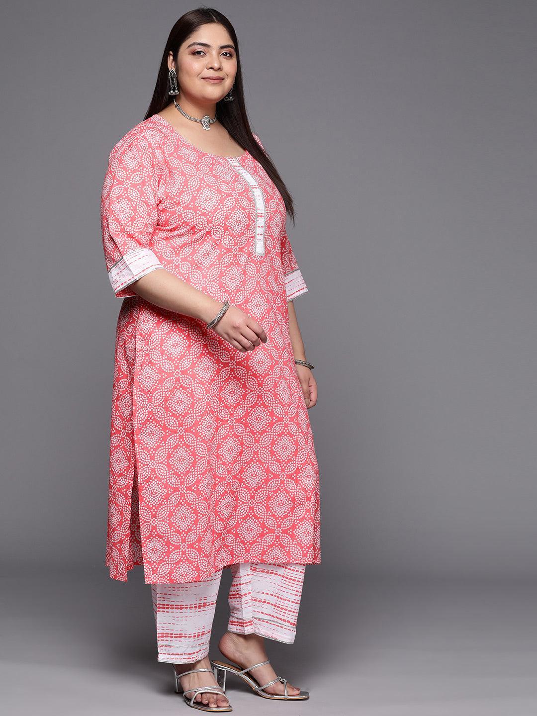 Plus Size Peach Printed Cotton Suit Set With Trousers - ShopLibas