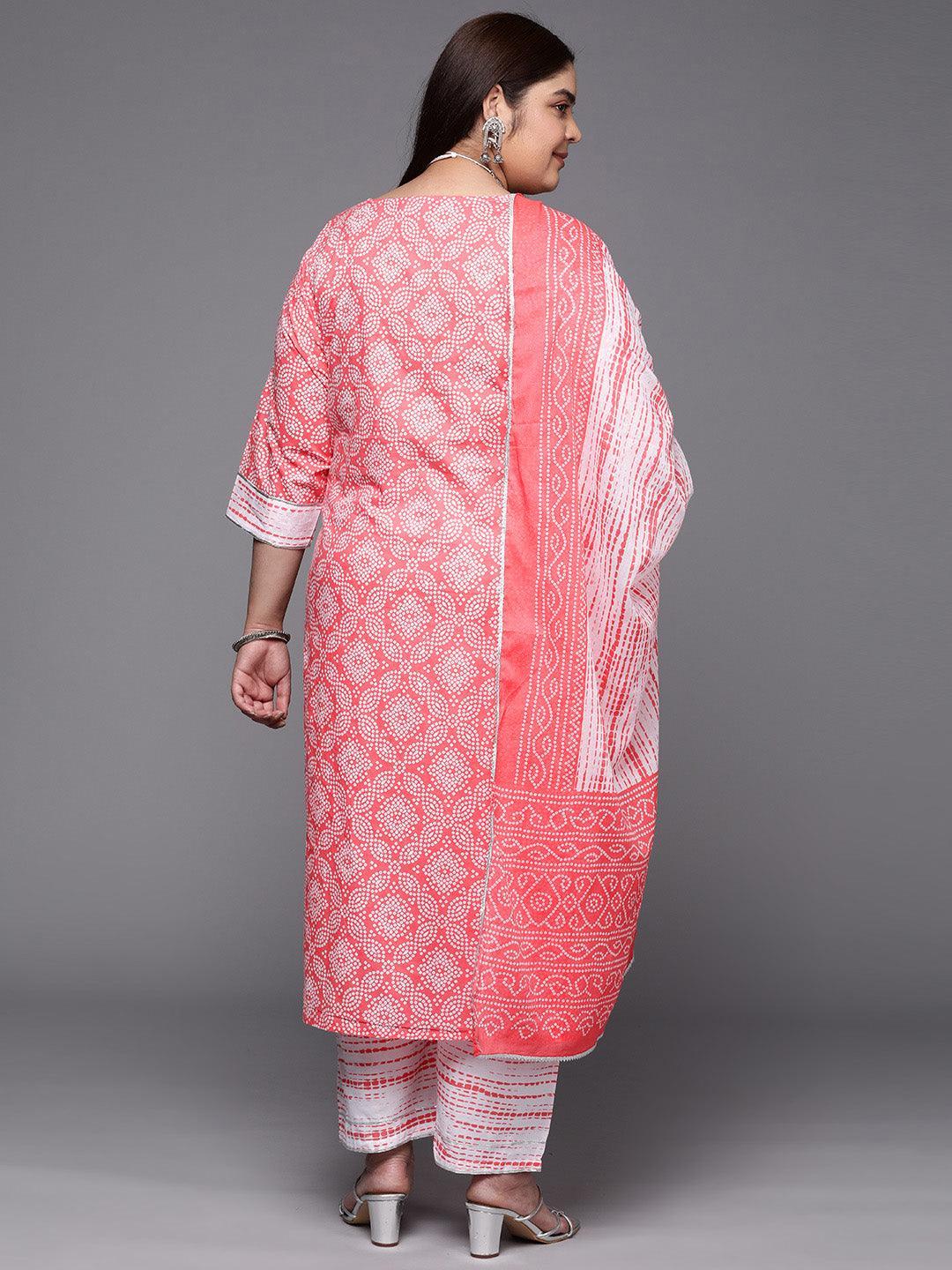 Plus Size Peach Printed Cotton Suit Set With Trousers - ShopLibas