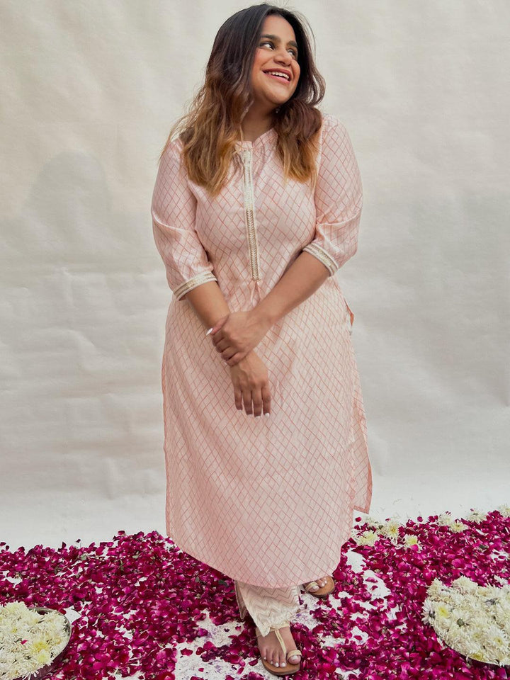 Plus Size Peach Printed Silk Straight Kurta