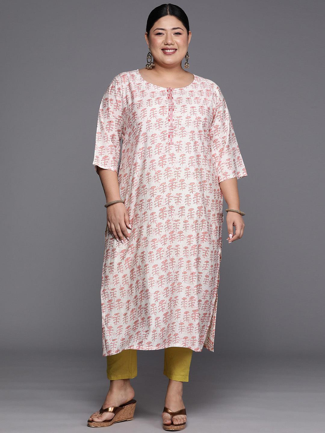 Plus Size Peach Printed Silk Straight Kurta - ShopLibas