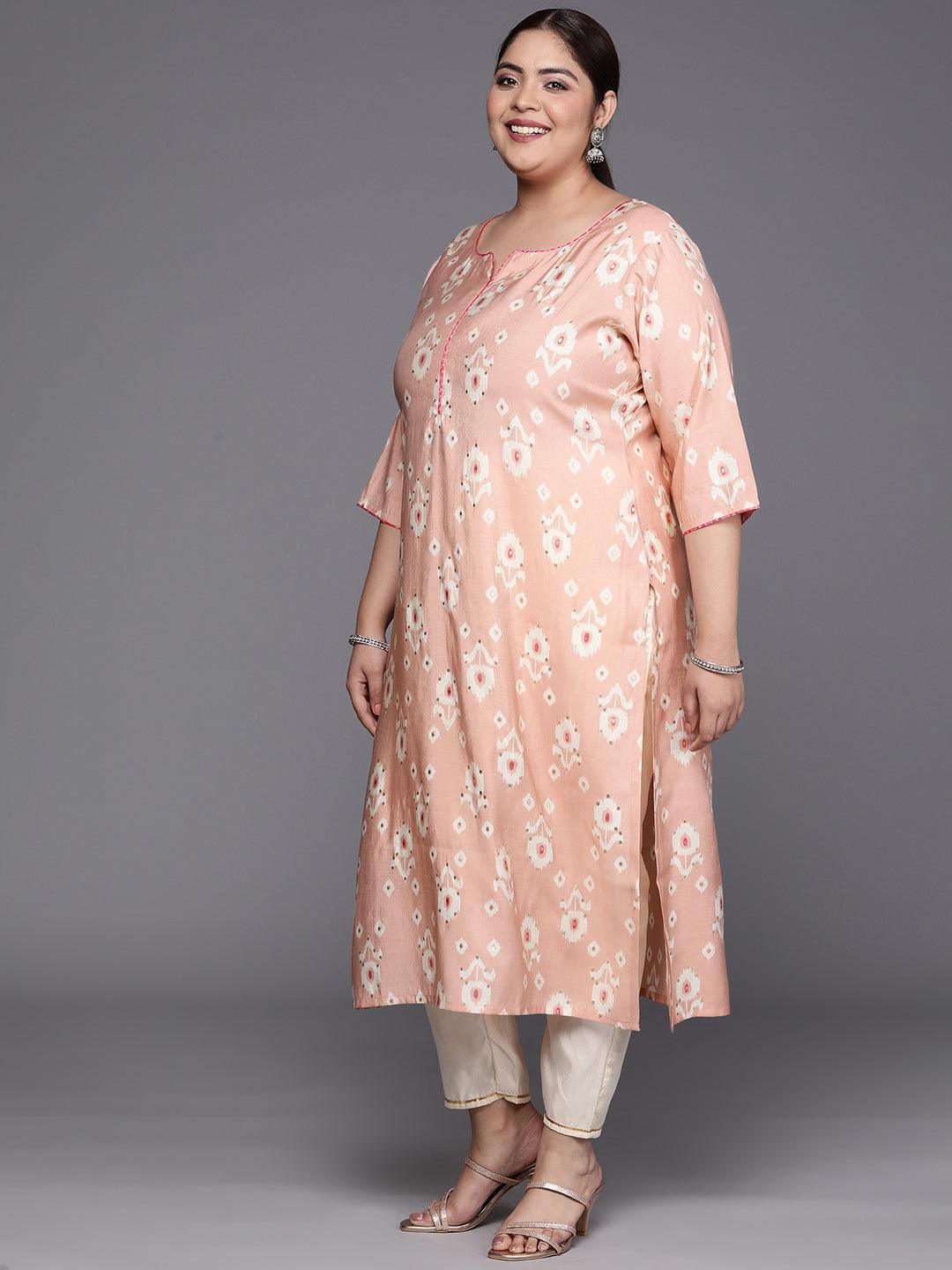 Plus Size Peach Printed Silk Straight Kurta - ShopLibas