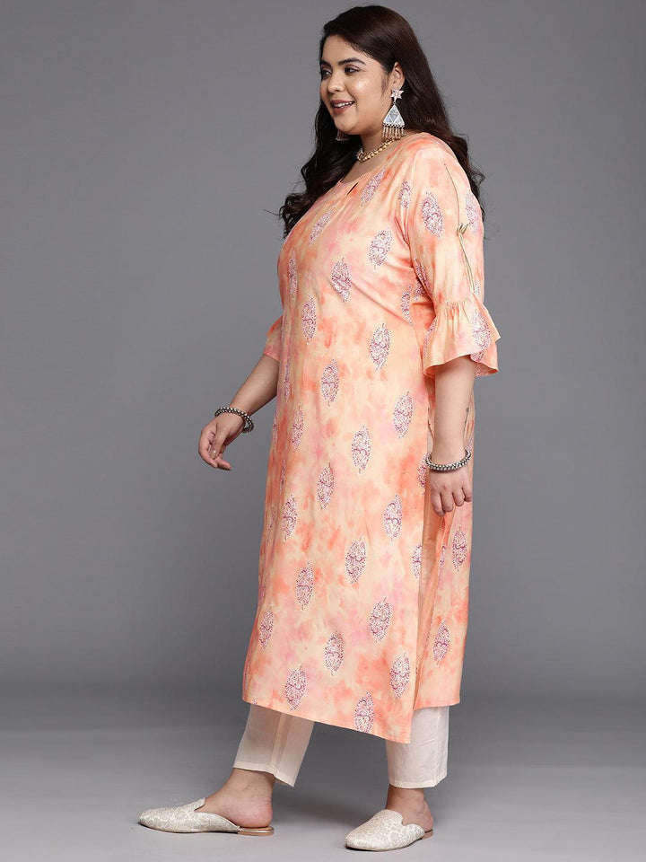 Plus Size Peach Printed Silk Straight Kurta