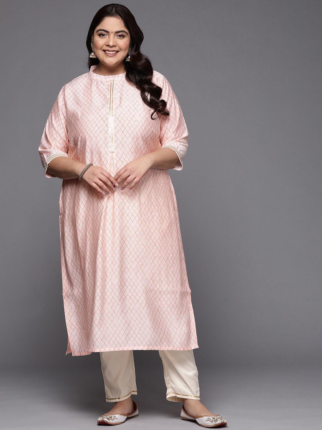 Plus Size Peach Printed Silk Straight Kurta - ShopLibas
