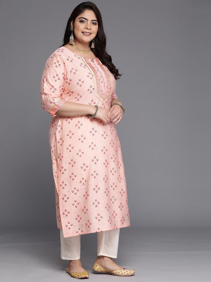 Plus Size Peach Printed Silk Straight Kurta