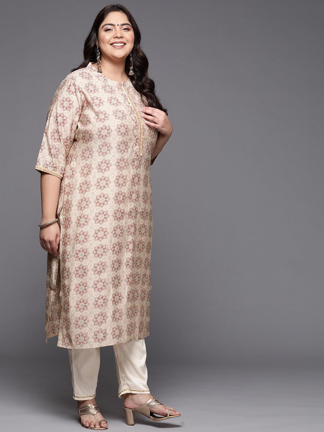 Plus Size Peach Printed Silk Straight Kurta - ShopLibas