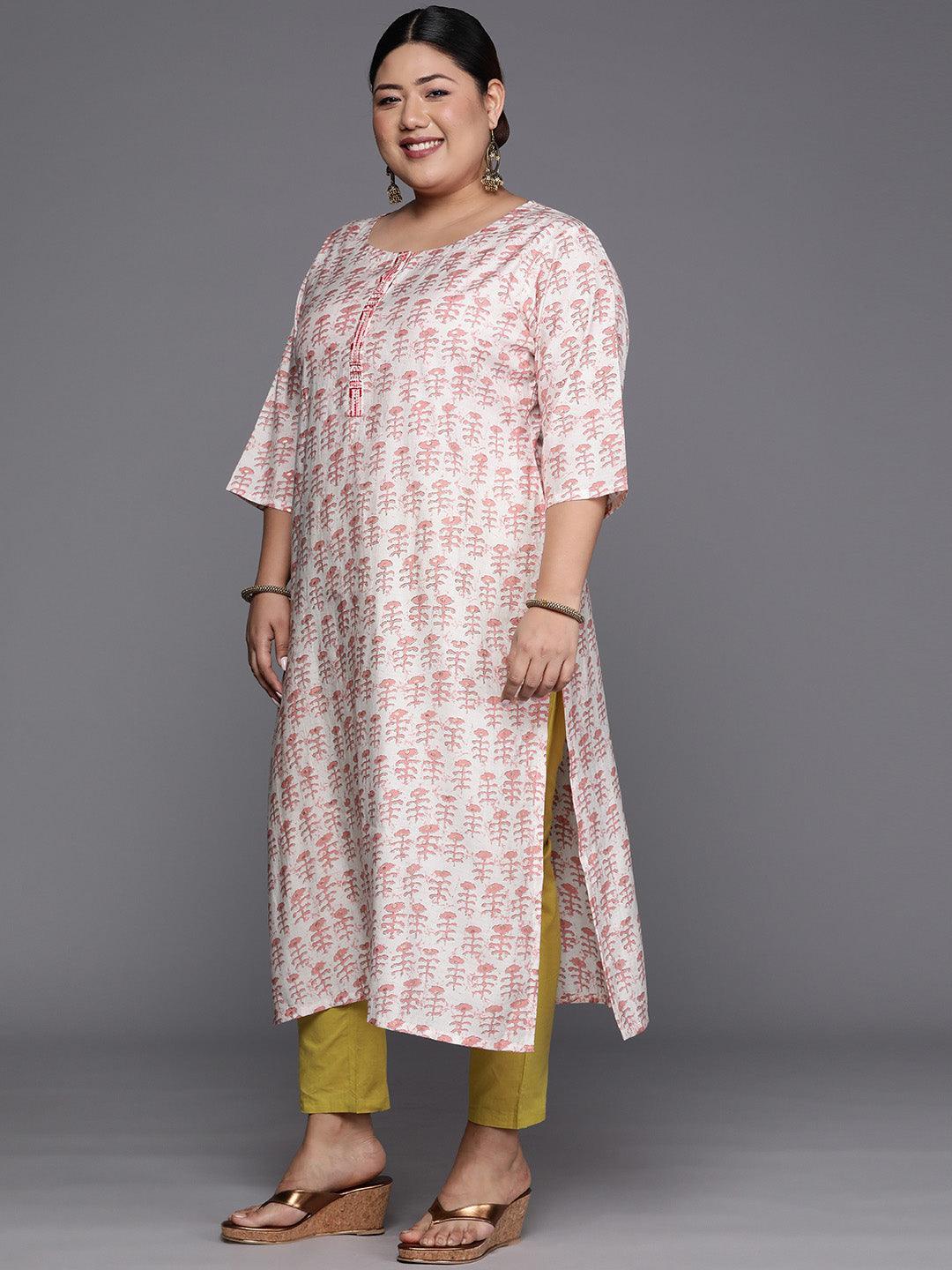 Plus Size Peach Printed Silk Straight Kurta - ShopLibas