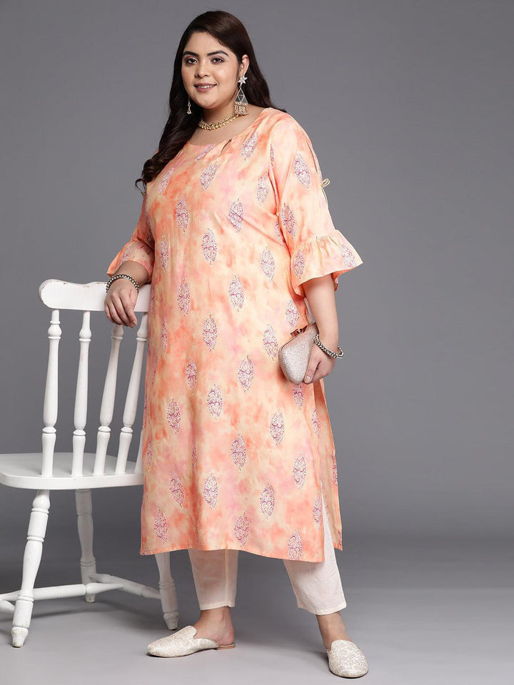 Plus Size Peach Printed Silk Straight Kurta