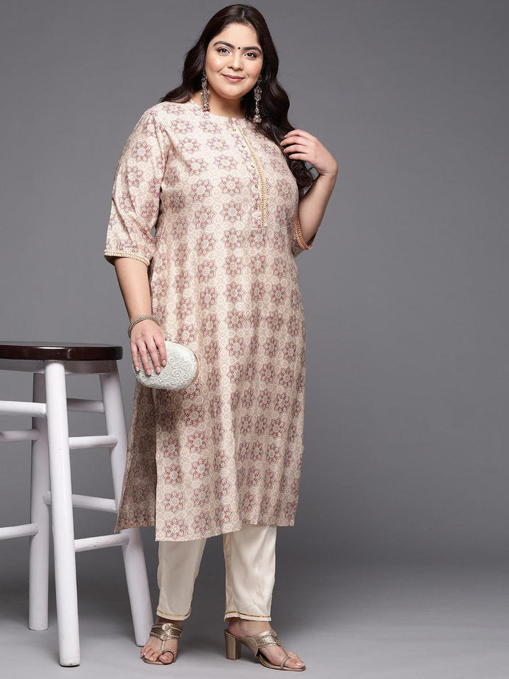 Plus Size Peach Printed Silk Straight Kurta