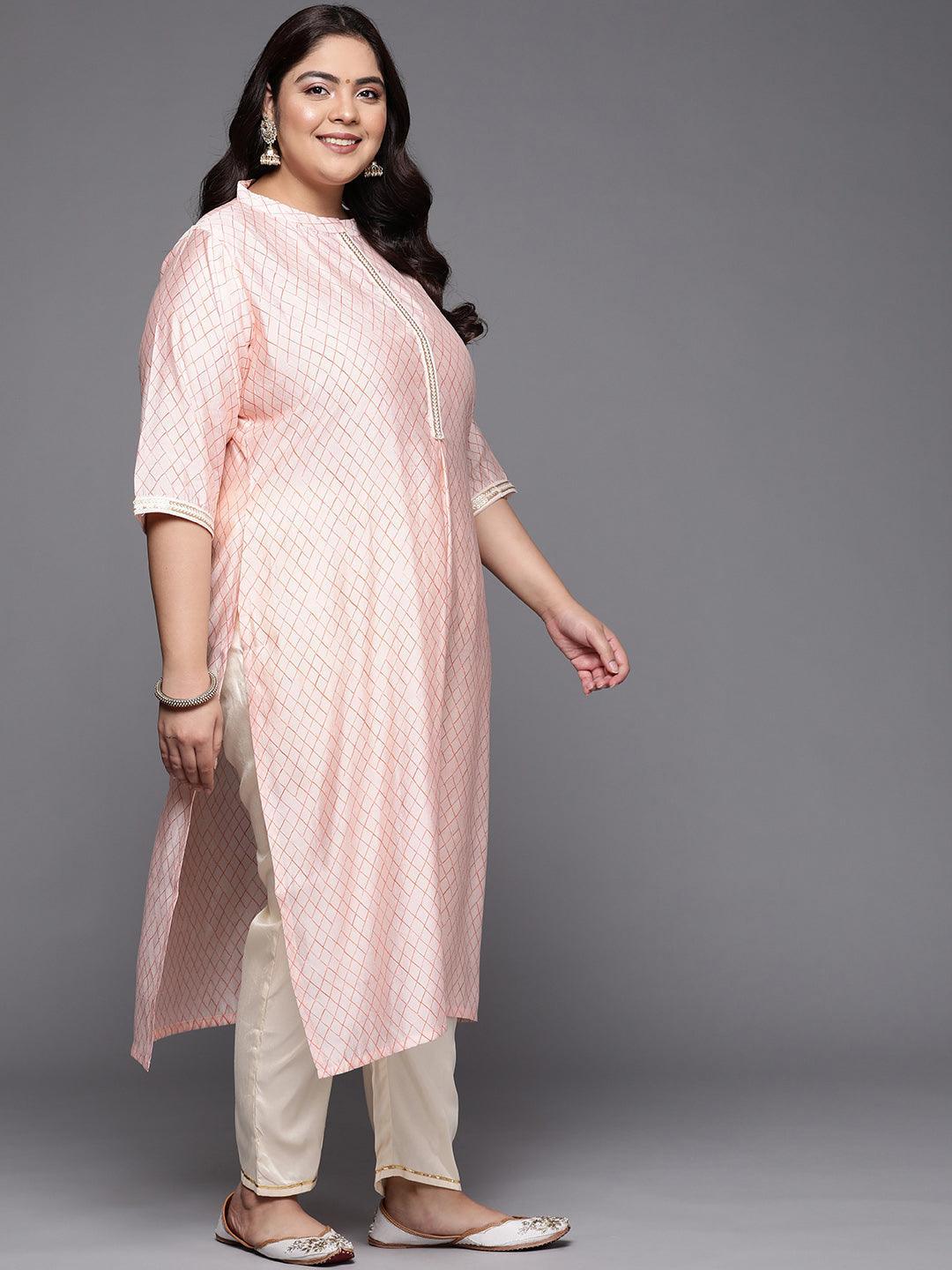Plus Size Peach Printed Silk Straight Kurta - ShopLibas