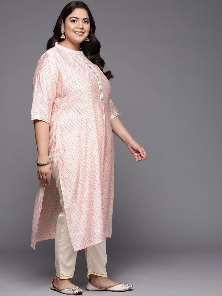 Plus Size Peach Printed Silk Straight Kurta