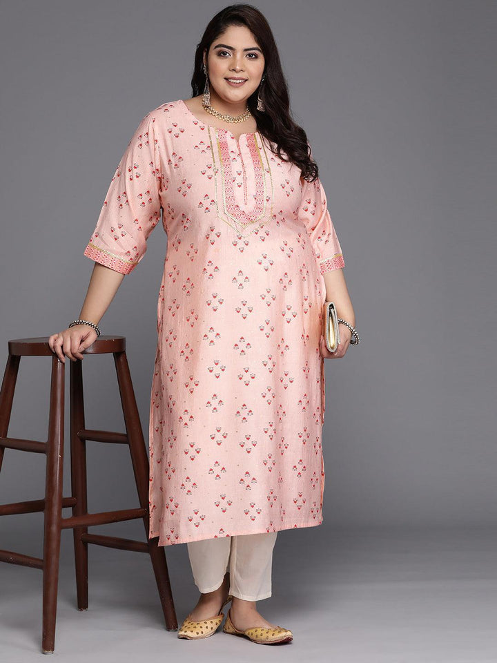 Plus Size Peach Printed Silk Straight Kurta
