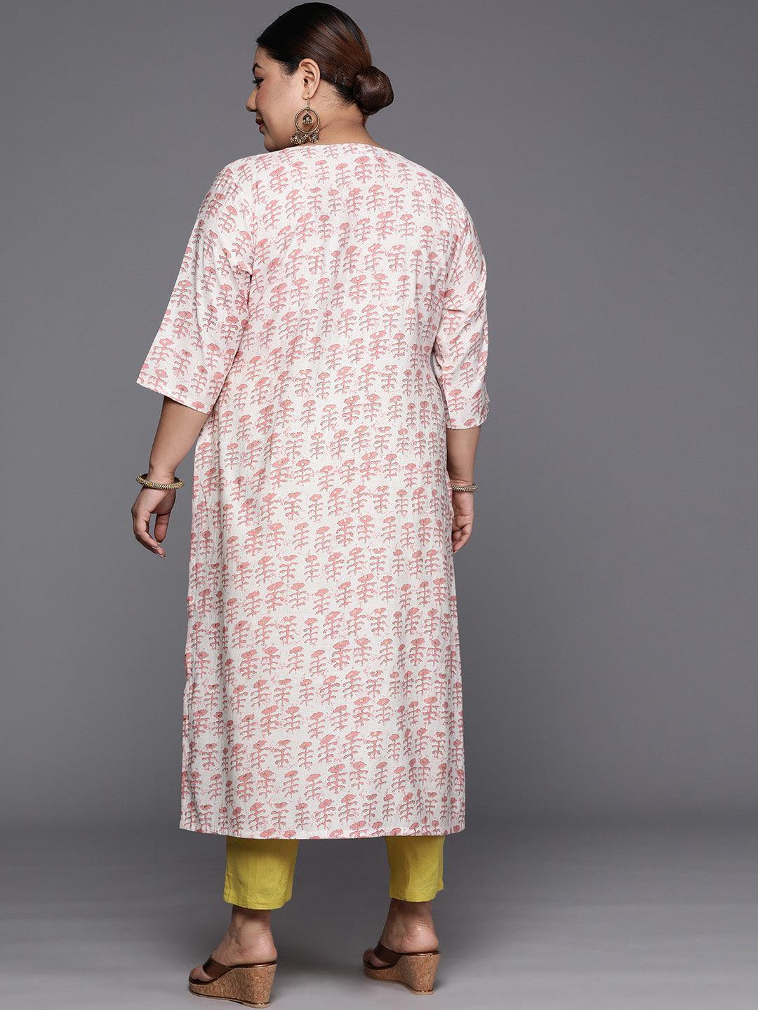 Plus Size Peach Printed Silk Straight Kurta - ShopLibas