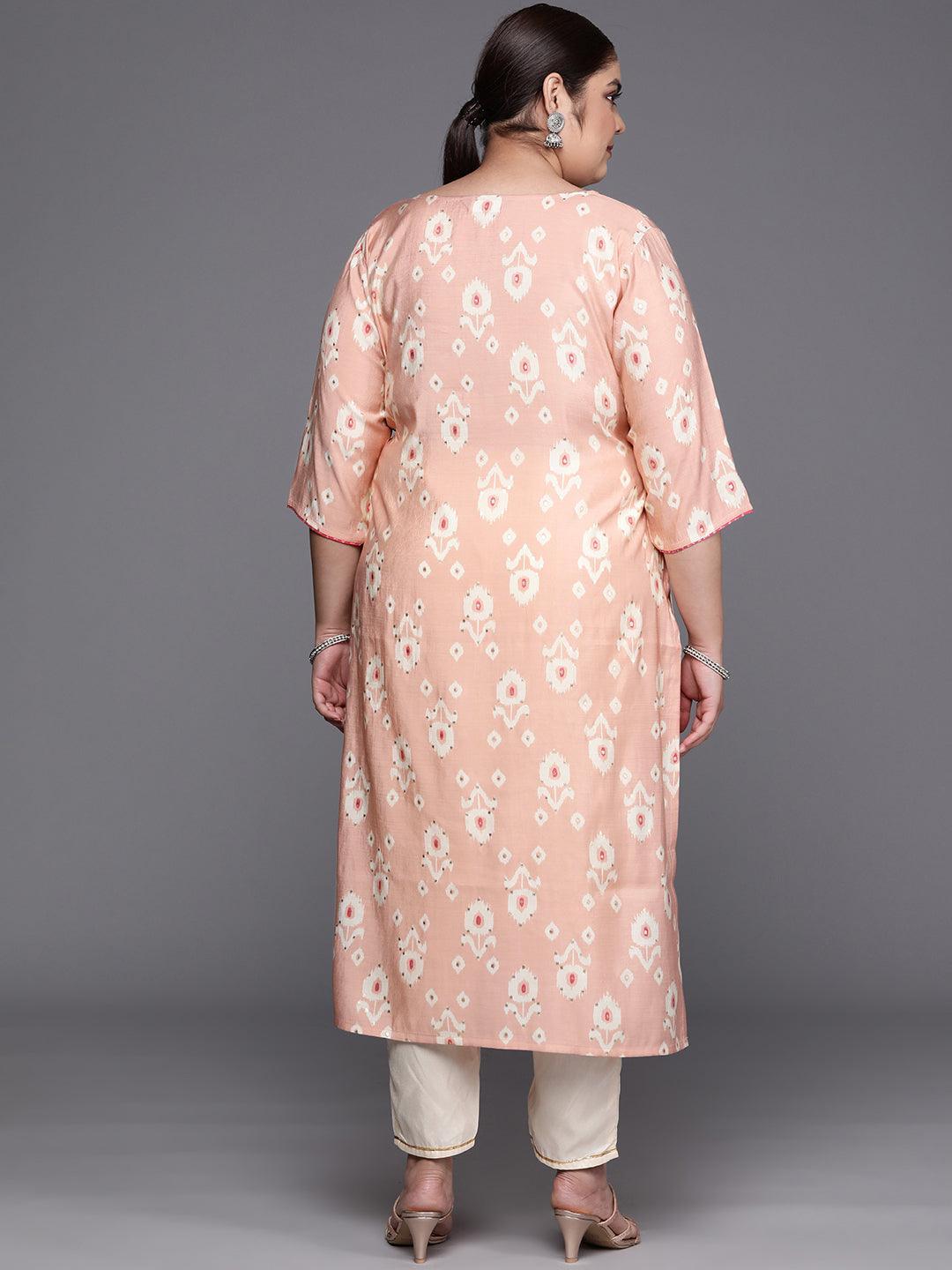 Plus Size Peach Printed Silk Straight Kurta - ShopLibas