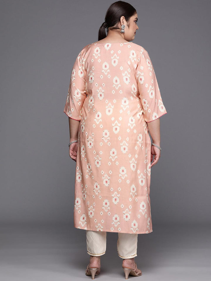 Plus Size Peach Printed Silk Straight Kurta