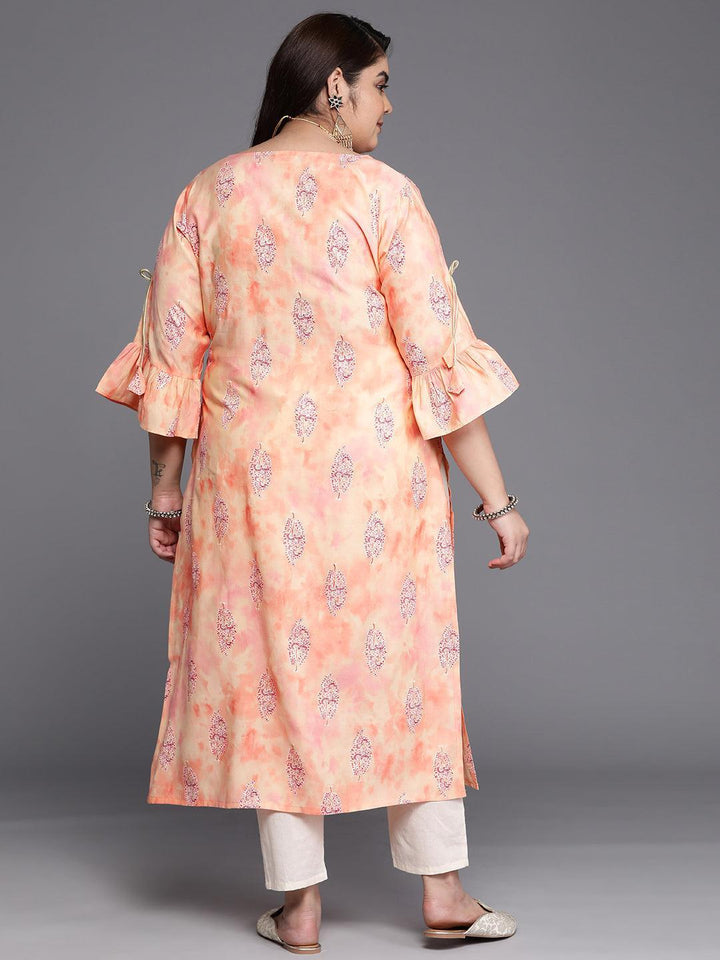 Plus Size Peach Printed Silk Straight Kurta