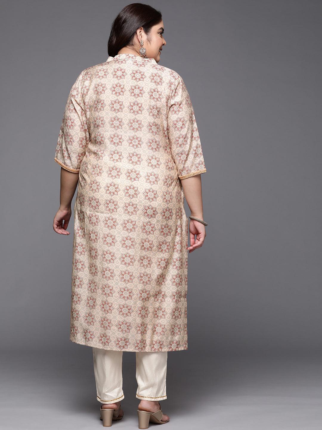 Plus Size Peach Printed Silk Straight Kurta - ShopLibas