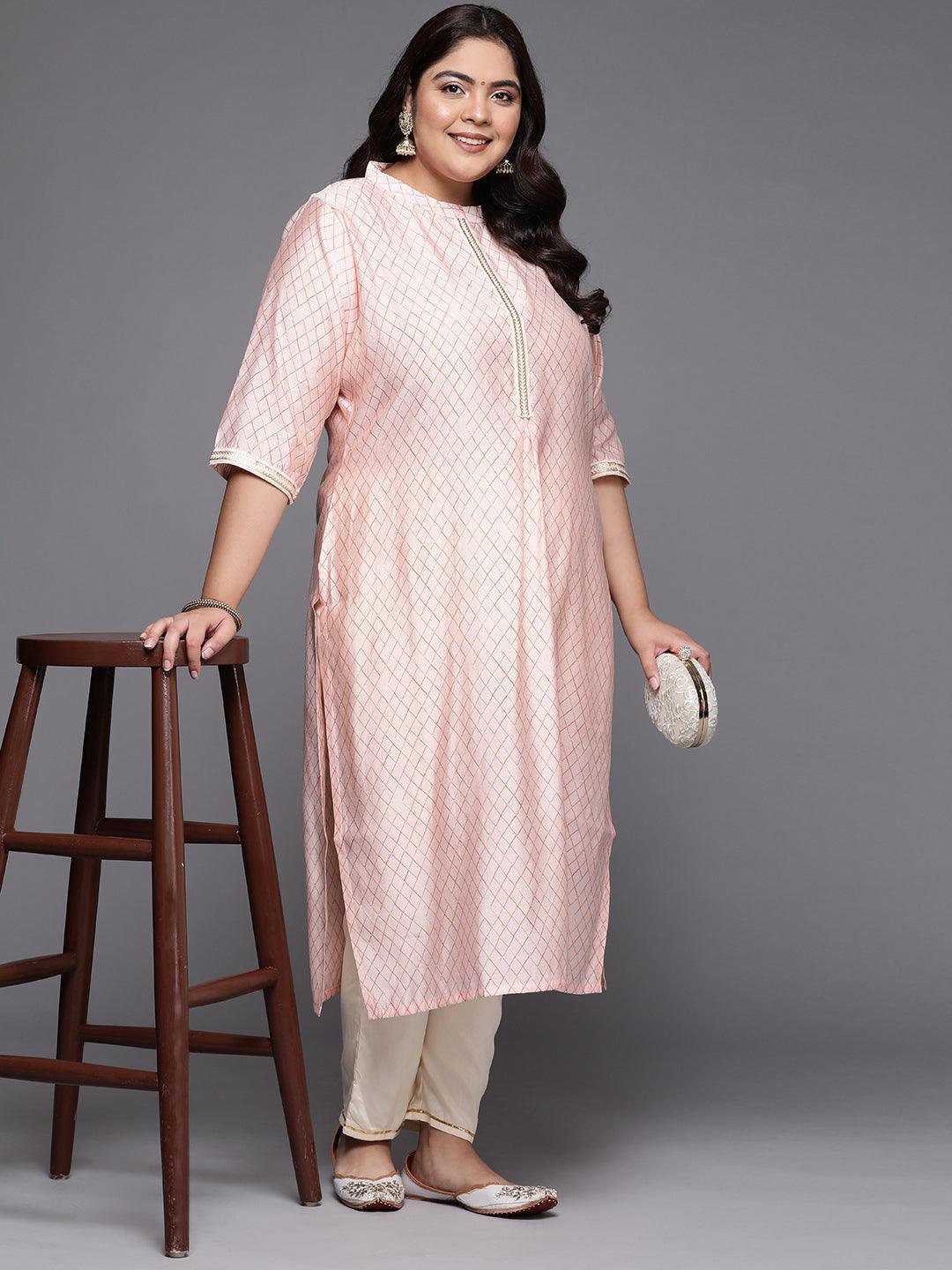 Plus Size Peach Printed Silk Straight Kurta - ShopLibas
