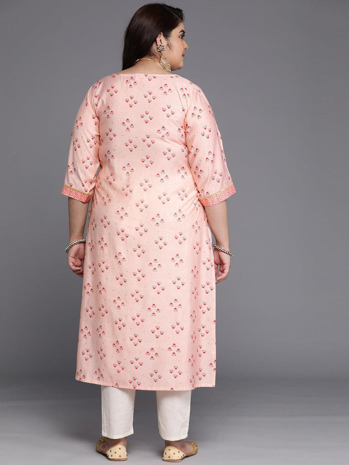 Plus Size Peach Printed Silk Straight Kurta
