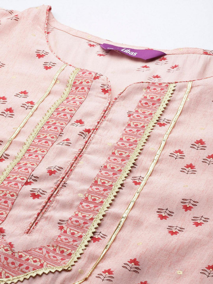 Plus Size Peach Printed Silk Straight Kurta