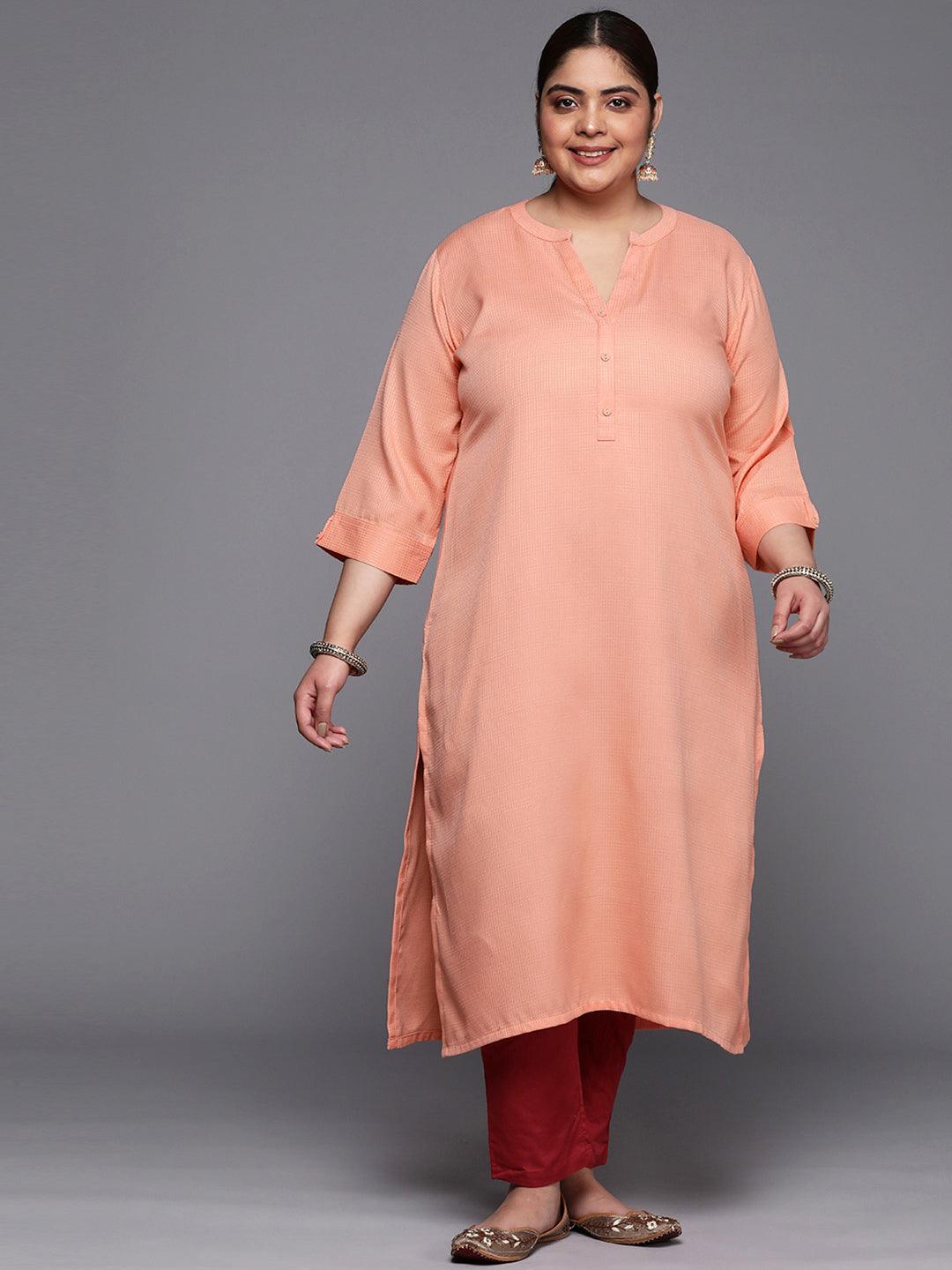 Plus Size Peach Woven Design Rayon Straight Kurta - ShopLibas