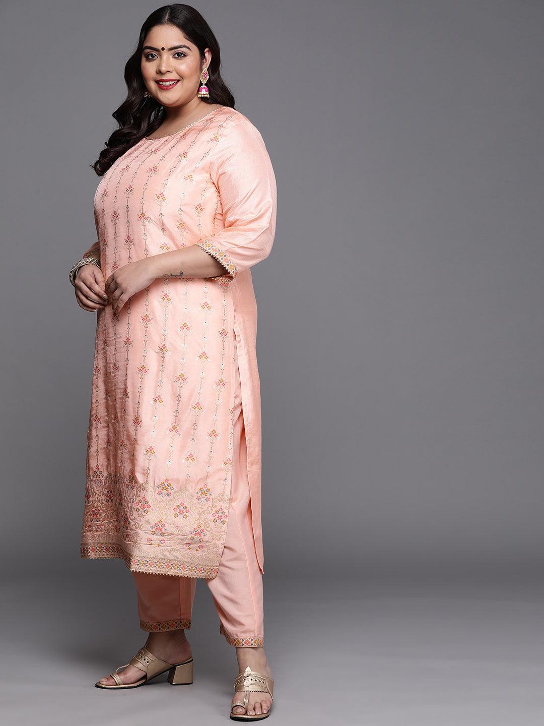 Plus Size Peach Woven Design Silk Blend Suit Set - ShopLibas