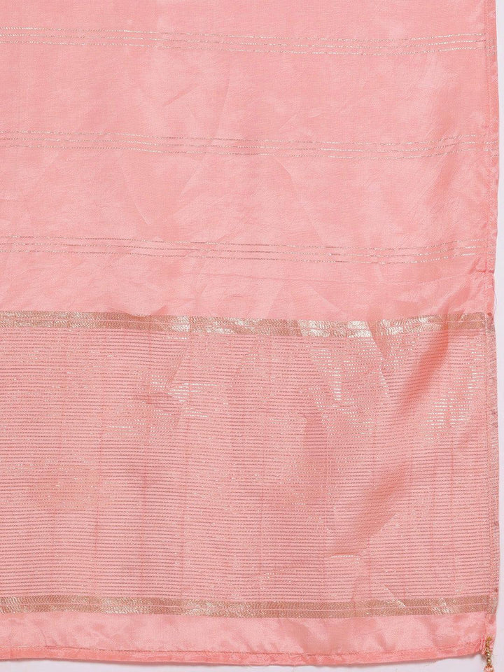 Plus Size Peach Woven Design Silk Blend Straight Kurta With Trousers & Dupatta