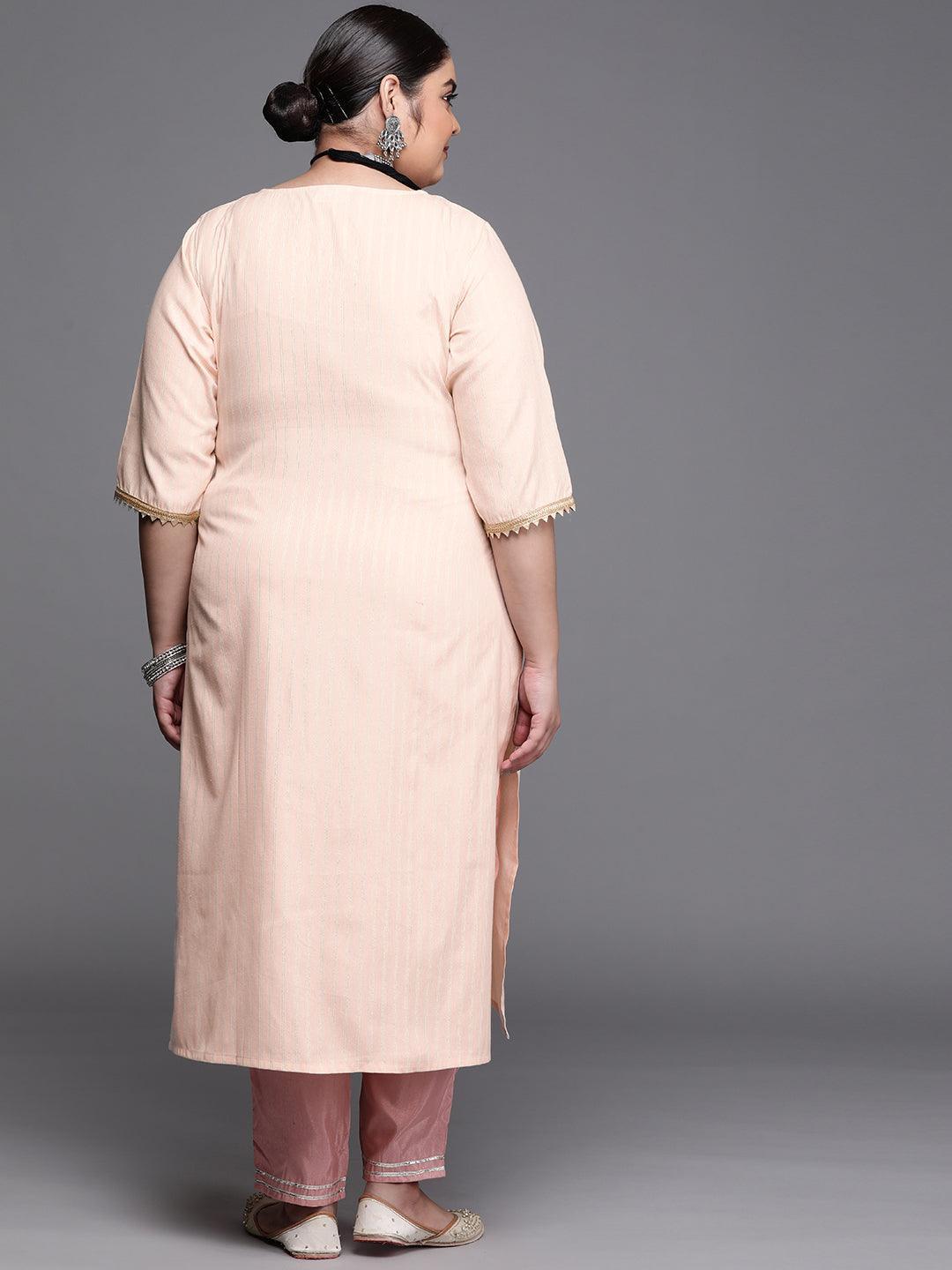 Plus Size Peach Yoke Design Cotton Silk Kurta - ShopLibas