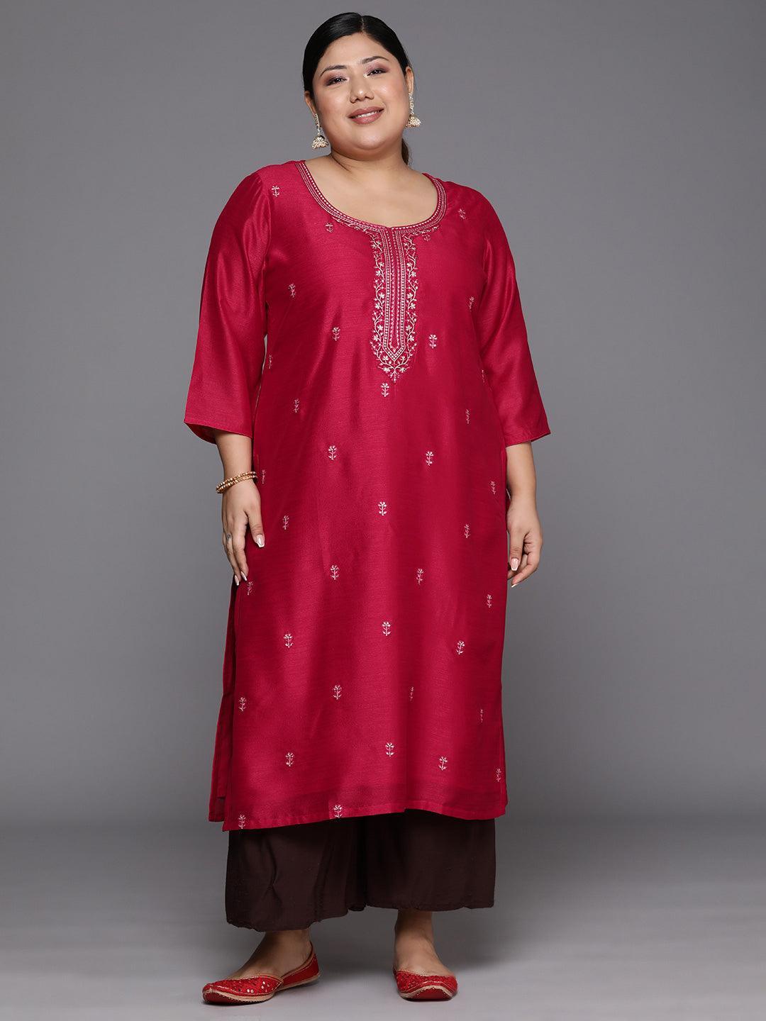 Plus Size Pink Embroidered Silk Straight Kurta - Libas
