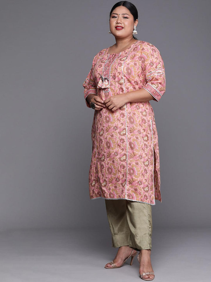 Plus Size Pink Printed Cotton Kurta