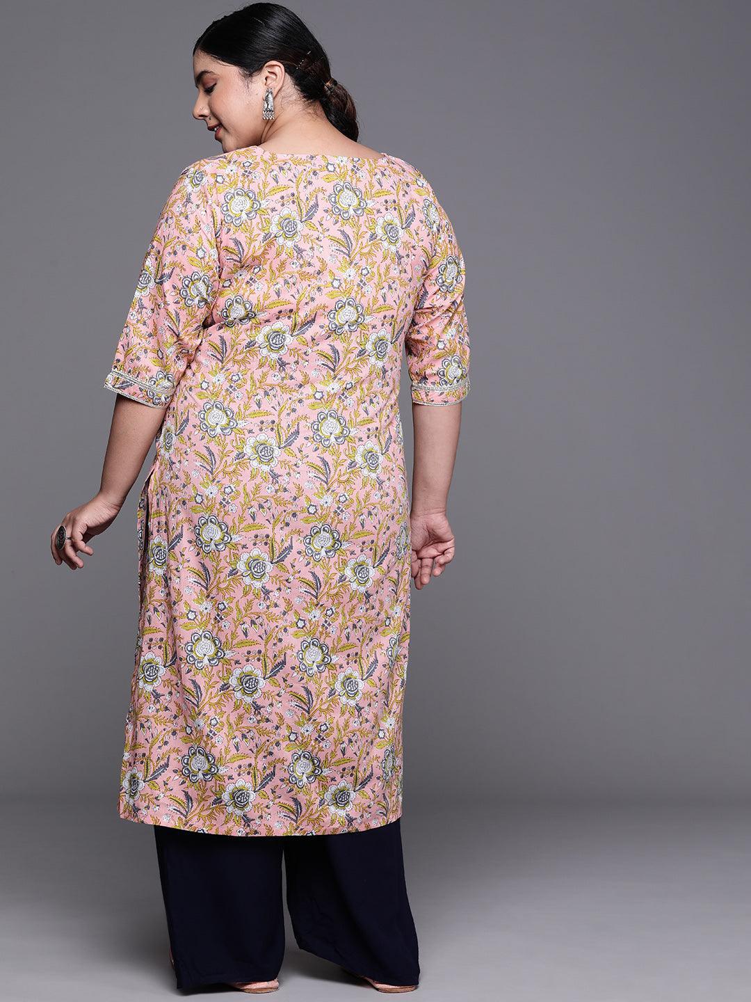 Plus Size Pink Printed Cotton Kurta - ShopLibas