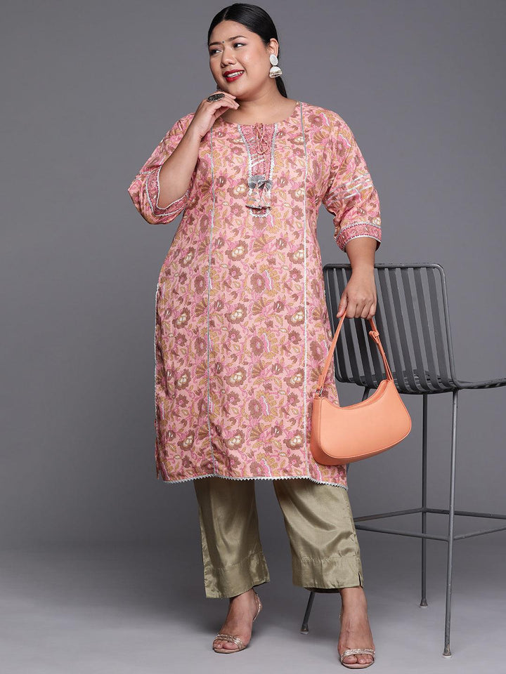 Plus Size Pink Printed Cotton Kurta