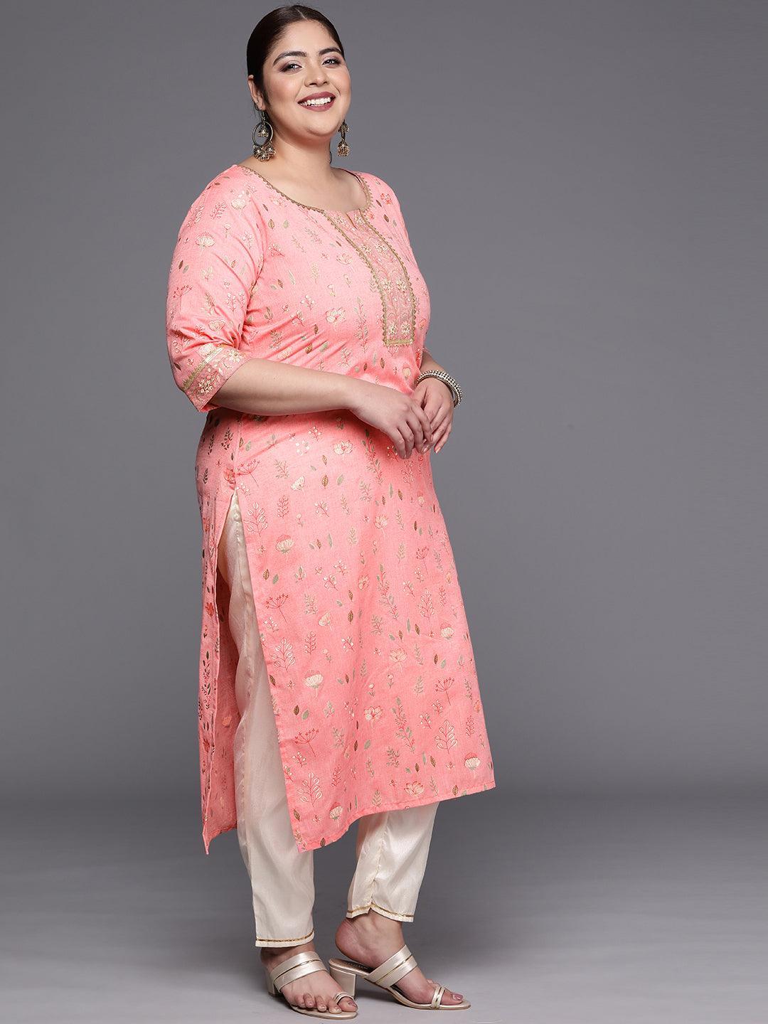 Plus Size Pink Printed Cotton Silk Straight Kurta - ShopLibas