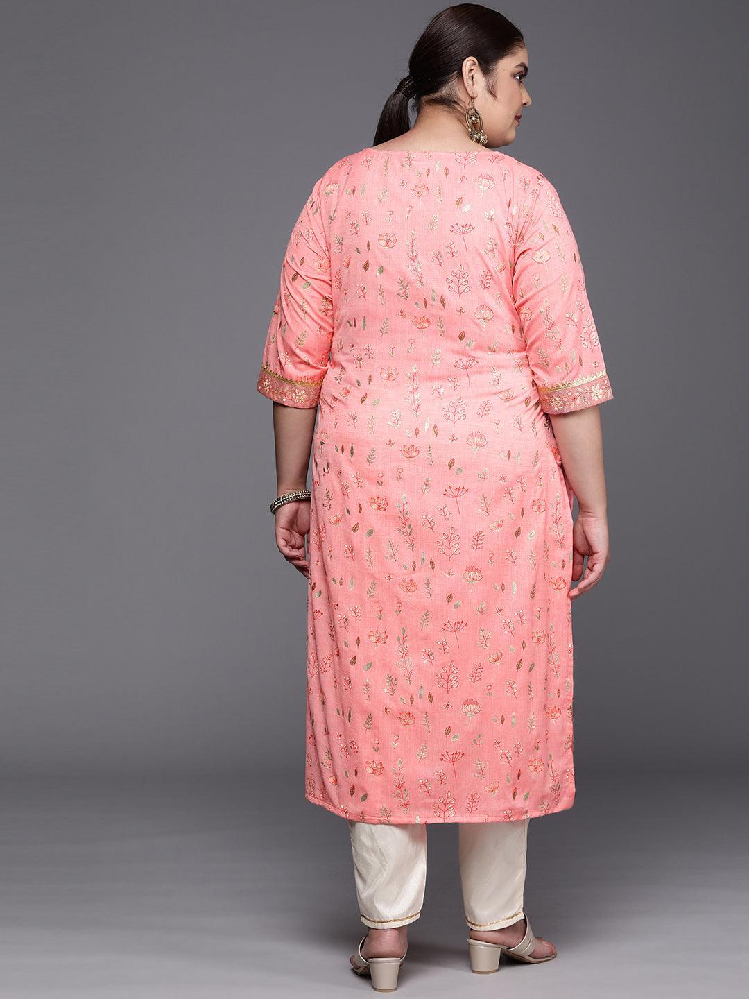 Plus Size Pink Printed Cotton Silk Straight Kurta - ShopLibas