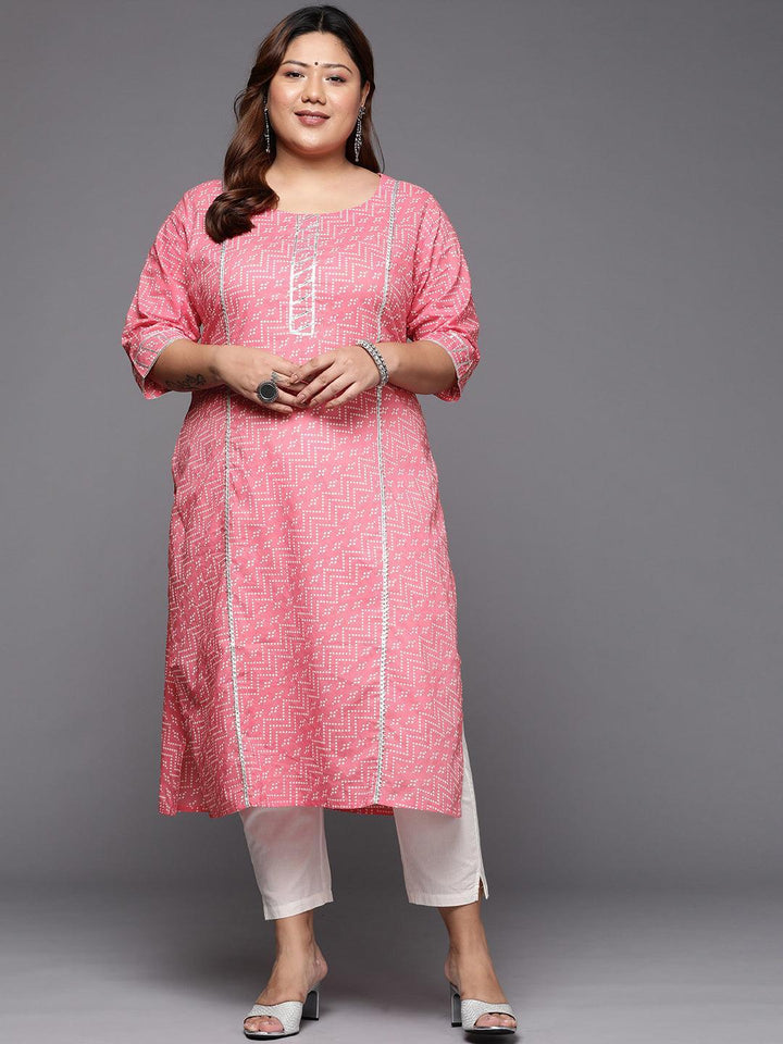 Plus Size Pink Printed Cotton Straight Kurta