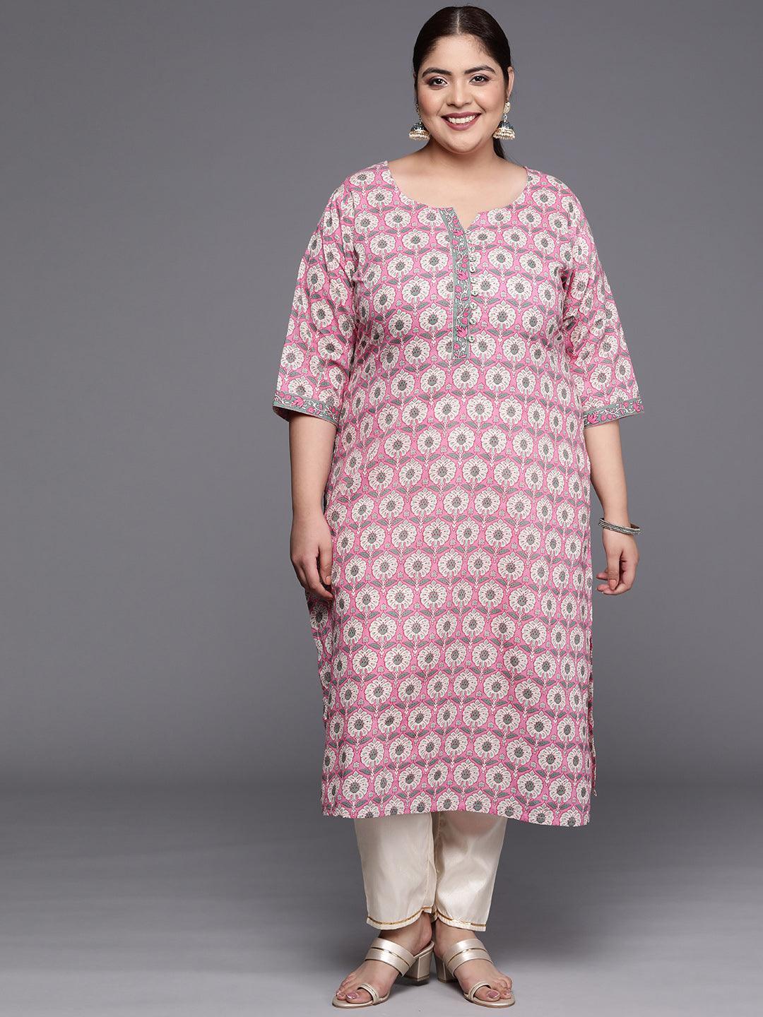 Plus Size Pink Printed Cotton Straight Kurta - ShopLibas