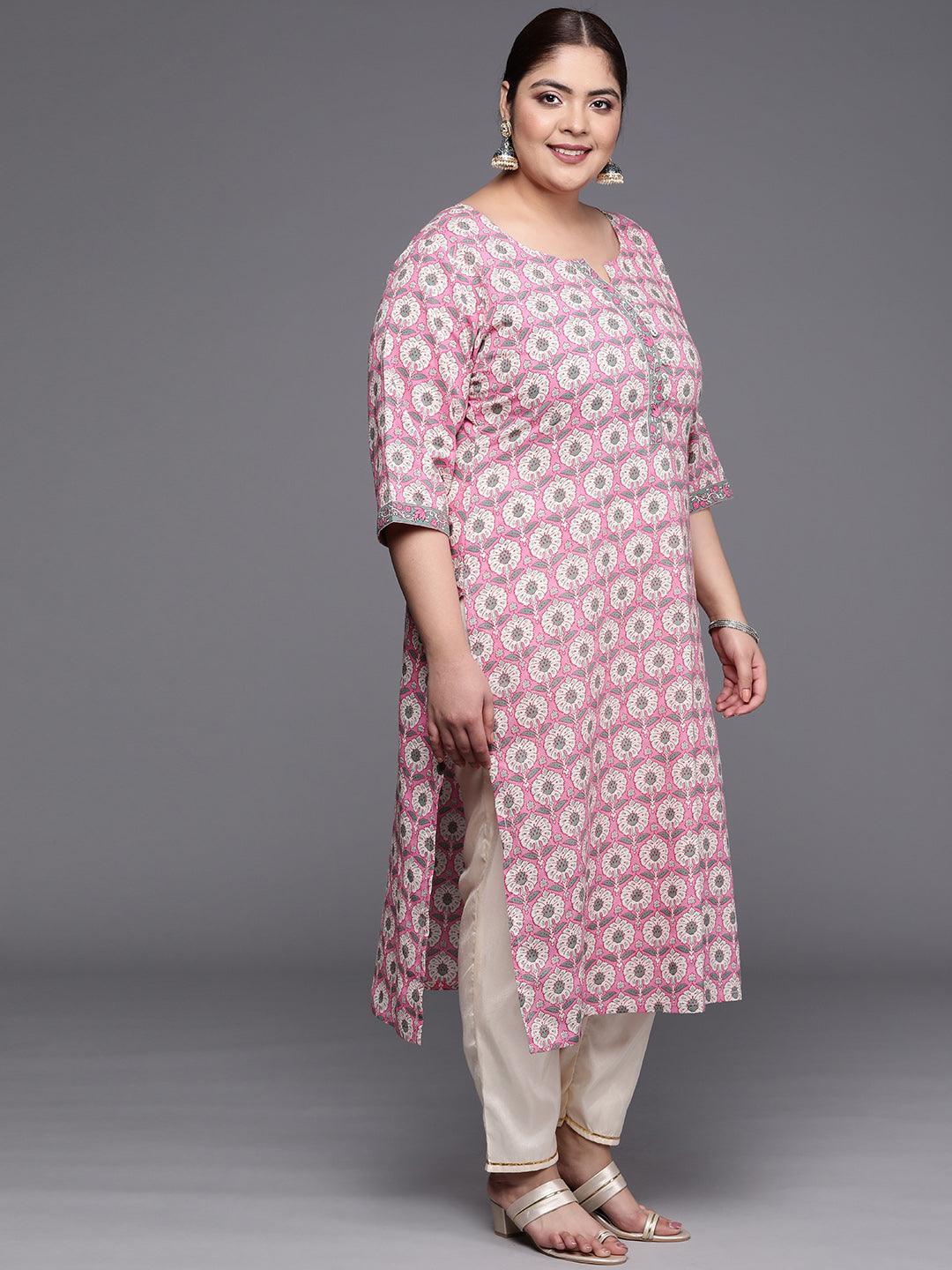 Plus Size Pink Printed Cotton Straight Kurta - ShopLibas