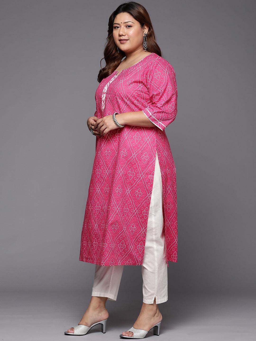 Plus Size Pink Printed Cotton Straight Kurta - ShopLibas