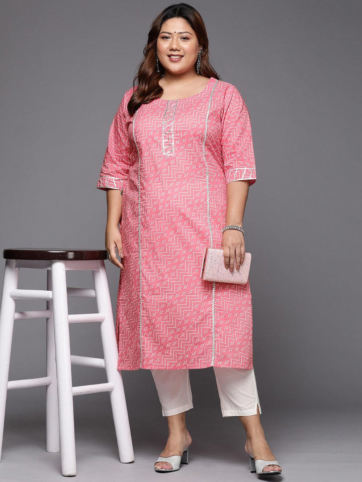 Plus Size Pink Printed Cotton Straight Kurta