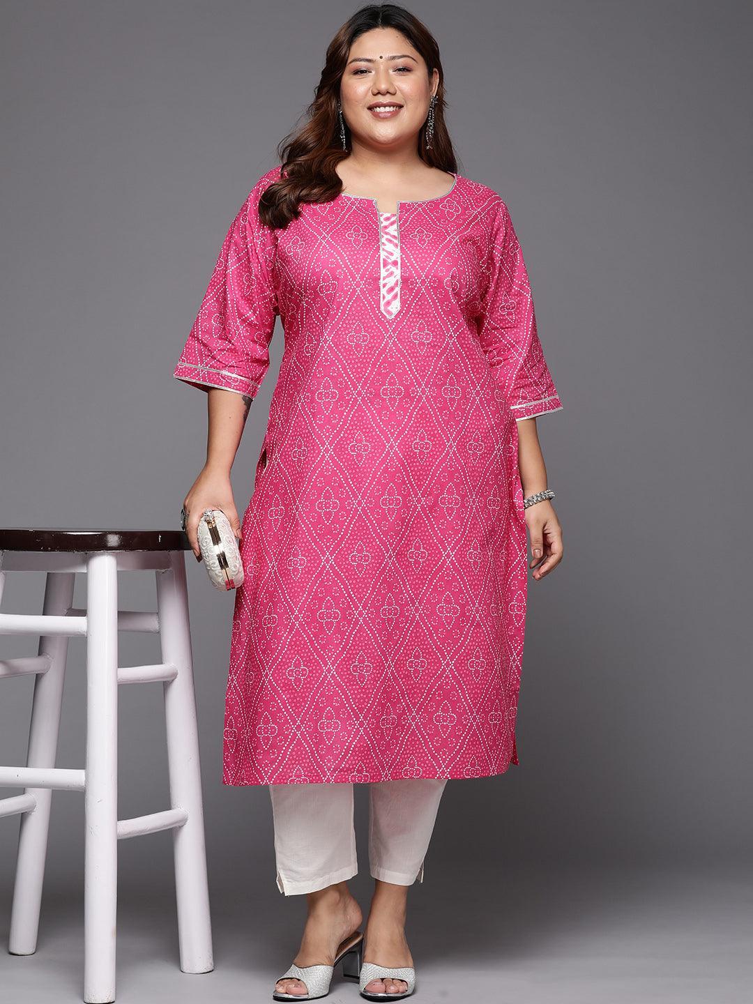 Plus Size Pink Printed Cotton Straight Kurta - ShopLibas